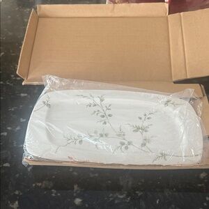 White Rectangular Platter with Green Leaf Design